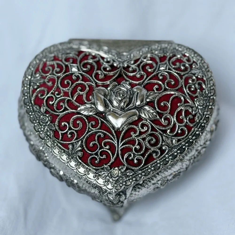 Ornate Heart Jewelry Trinket Box with Rose Accent in Red and Silver